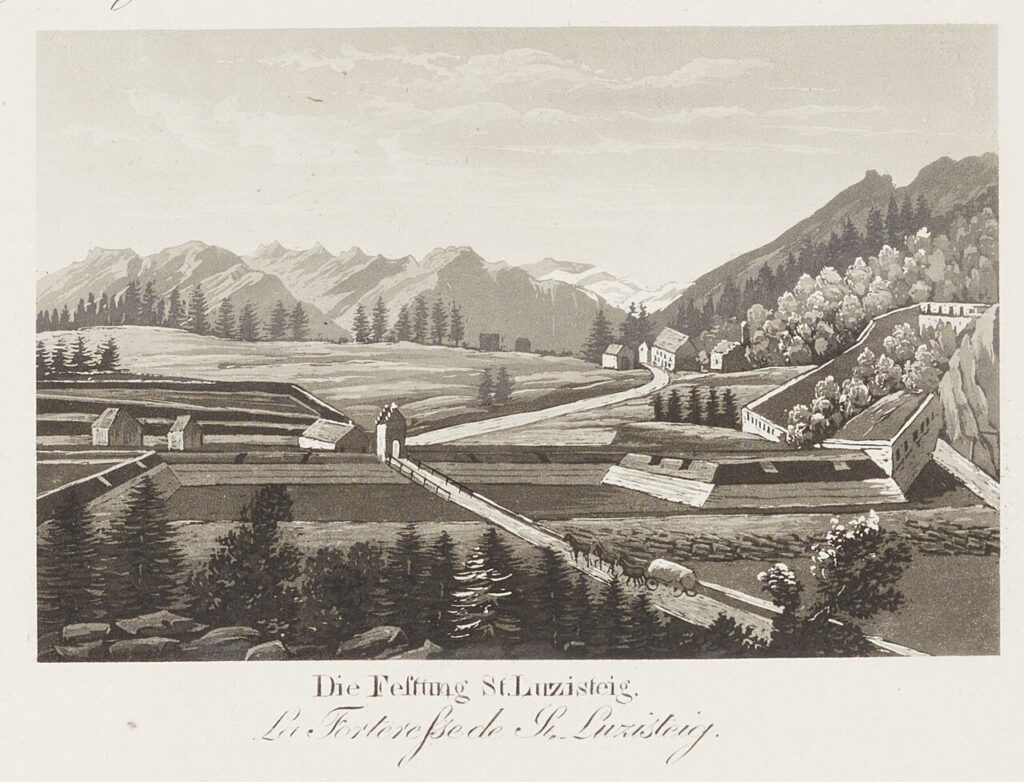 Motiv: Aquatinta «Die Festung St. Luzisteig», um 1833–1835 · David Alois Schmid (Zeichnung) / Caspar Burckhardt (Stich)